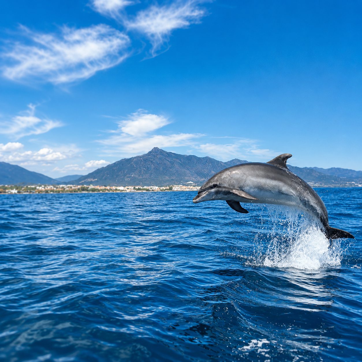 Delfín saltando frente a La Concha y Marbella, durante una salida de avistamiento de delfines desde Puerto Banús