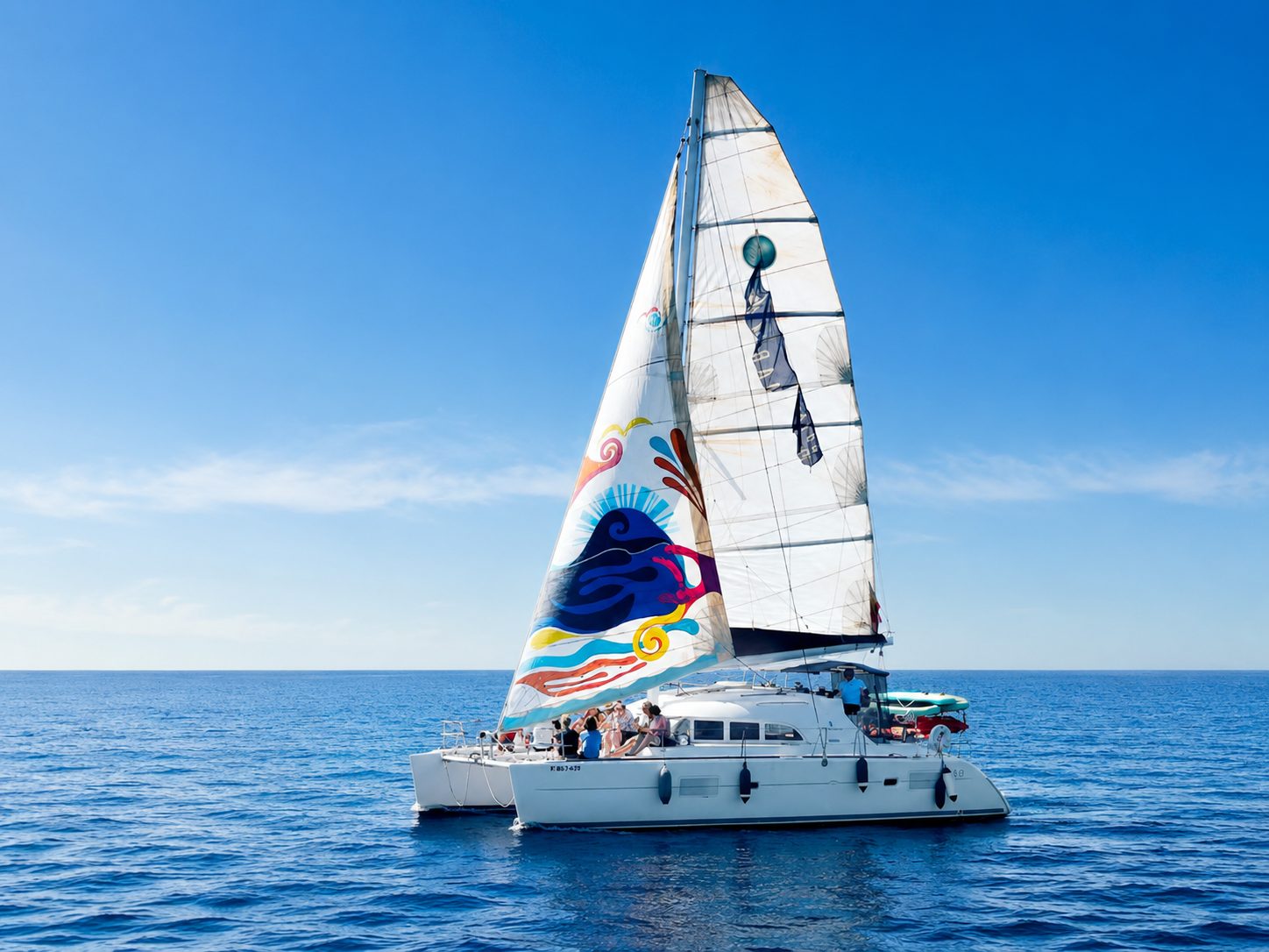 Daria, catamarán Lagoon 380 con vela pintada, en un chárter frente a Marbella