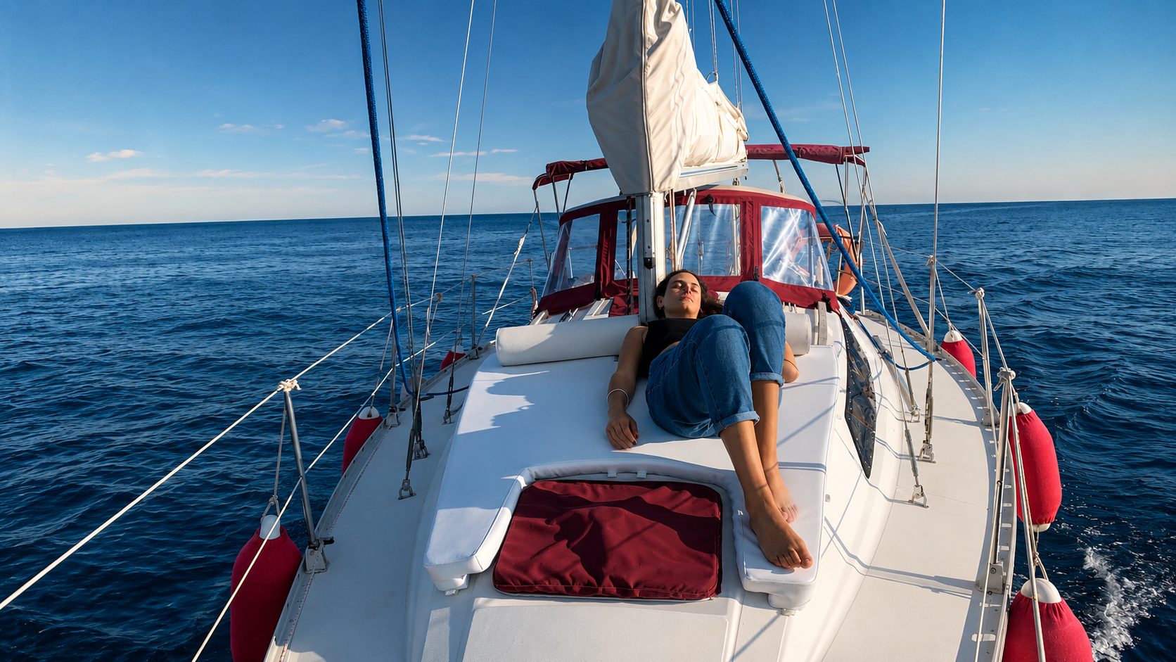 Invitado descansando en la proa de Samaruc en mar abierto frente a Marbella