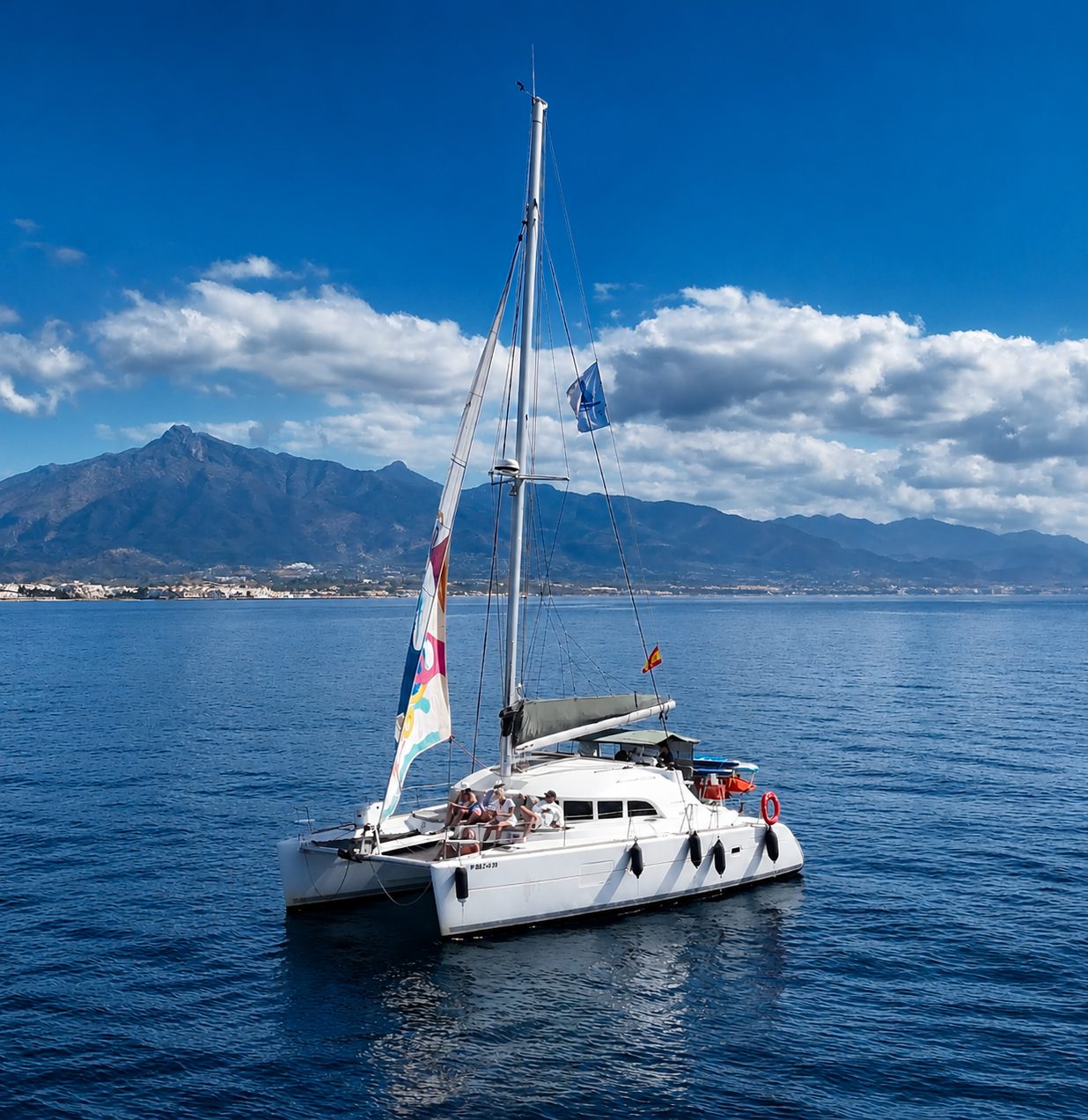 Sailing catamaran off Marbella with La Concha mountain behind